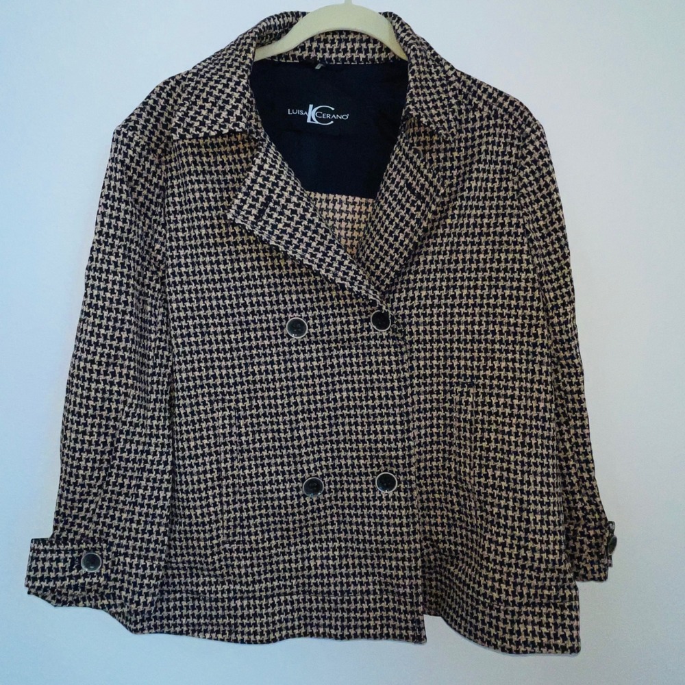LUISA CERANO Houndstooth Double Breasted Blazer Jacket Italian Fabric US 16
